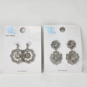 Time And Tru Hypo-Allergenic Flower Drop Earrings Set of 2 Silver Tone